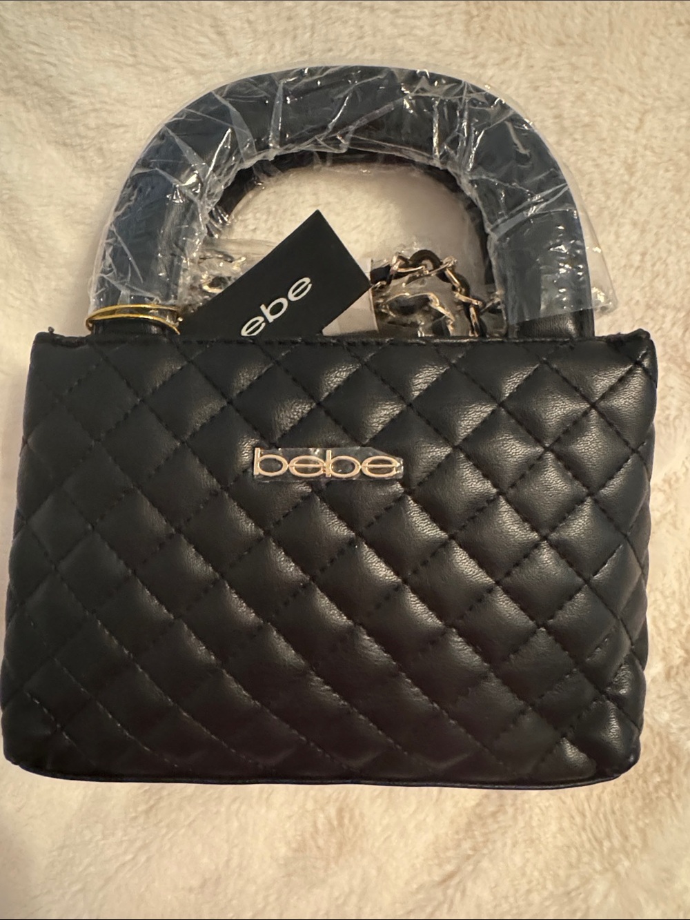 bebe Black Quilted Mini Top-Handle Bag with Gold Logo